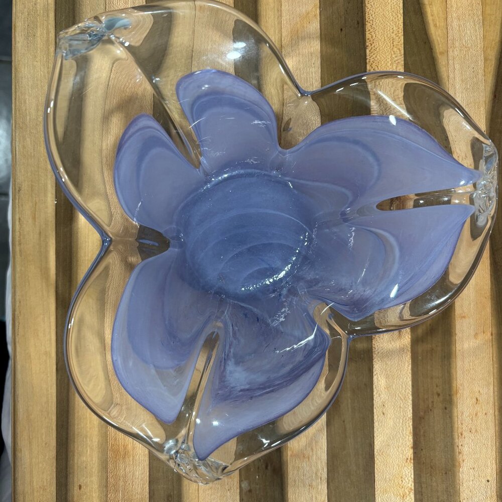 Murano Style Vintage Hand Blown Art Glass 3 Petal  Lilac Bowl